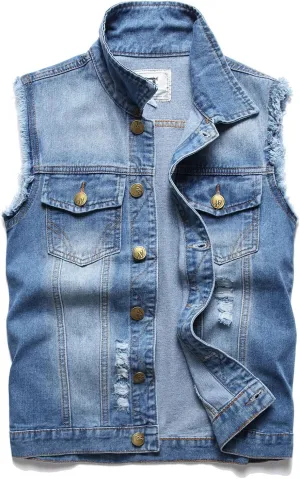 Denim Vest Men Lapel Sleeveless Slim Fit Retro Ripped Casual Jean Vest for Men's