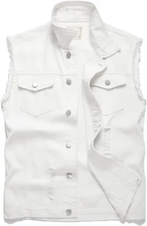 Denim Vest Men Lapel Sleeveless Slim Fit Retro Ripped Casual Jean Vest for Men's