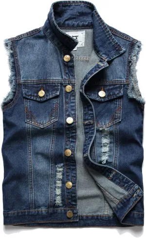 Denim Vest Men Lapel Sleeveless Slim Fit Retro Ripped Casual Jean Vest for Men's