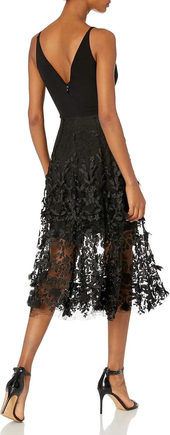 Dress the Population Women's Darleen Sleeveless Plunging Neckline Fit and Flare Midi Dress