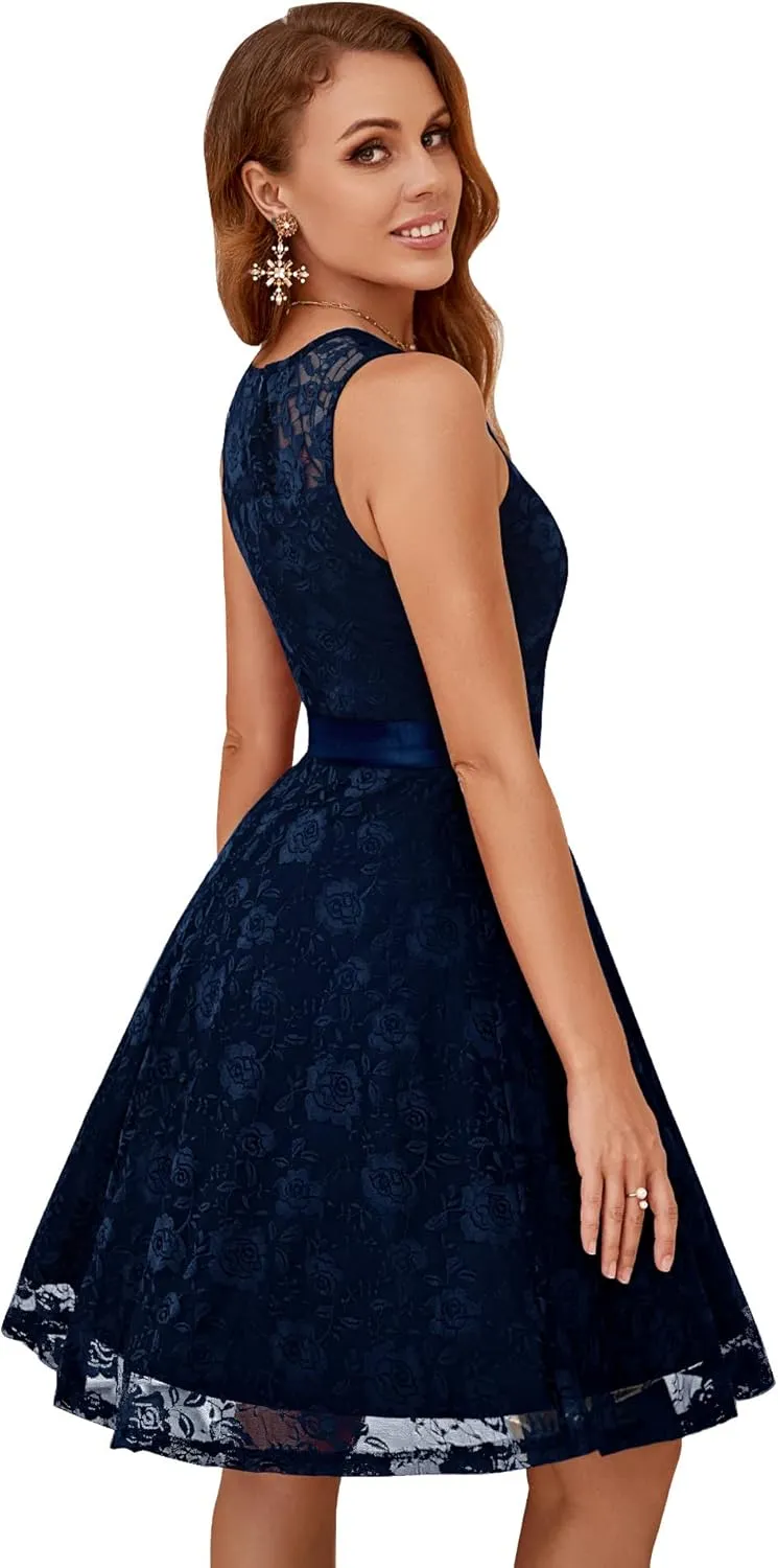 Dressystar Women's Floral Lace Dress Short Bridesmaid Dresses with Sheer Neckline