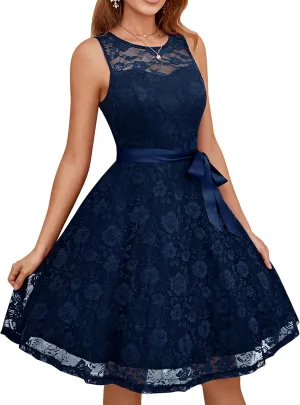 Dressystar Women's Floral Lace Dress Short Bridesmaid Dresses with Sheer Neckline