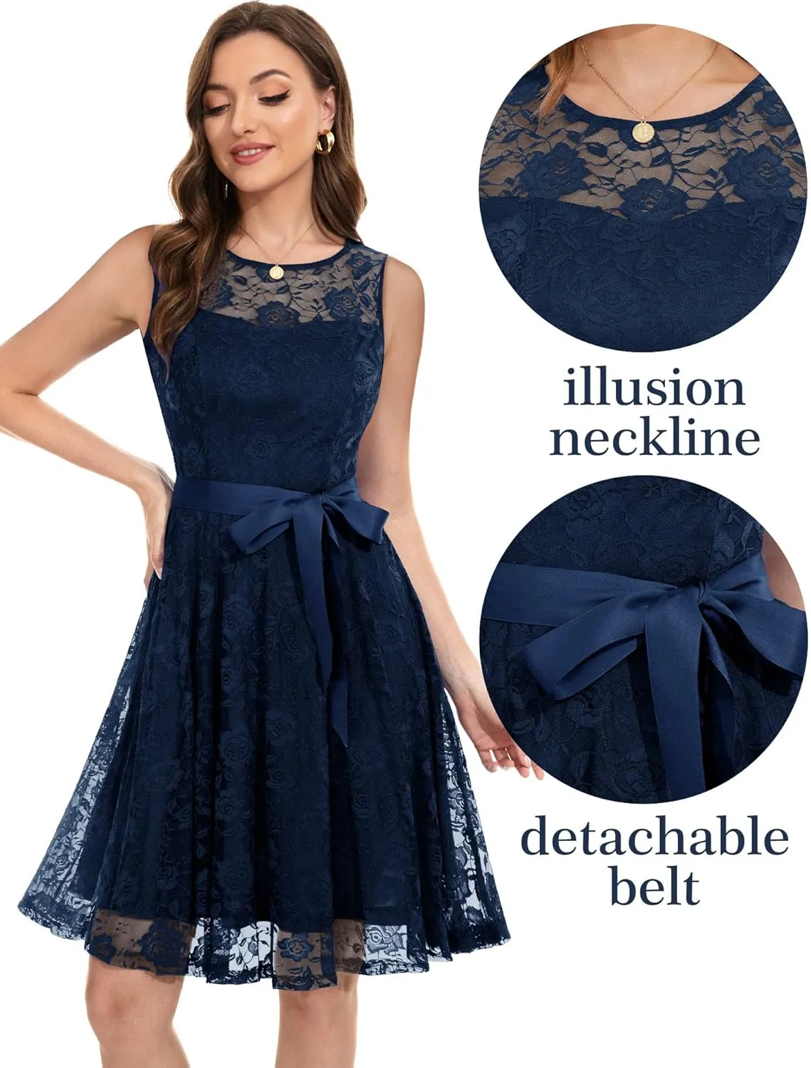 Dressystar Women's Floral Lace Dress Short Bridesmaid Dresses with Sheer Neckline