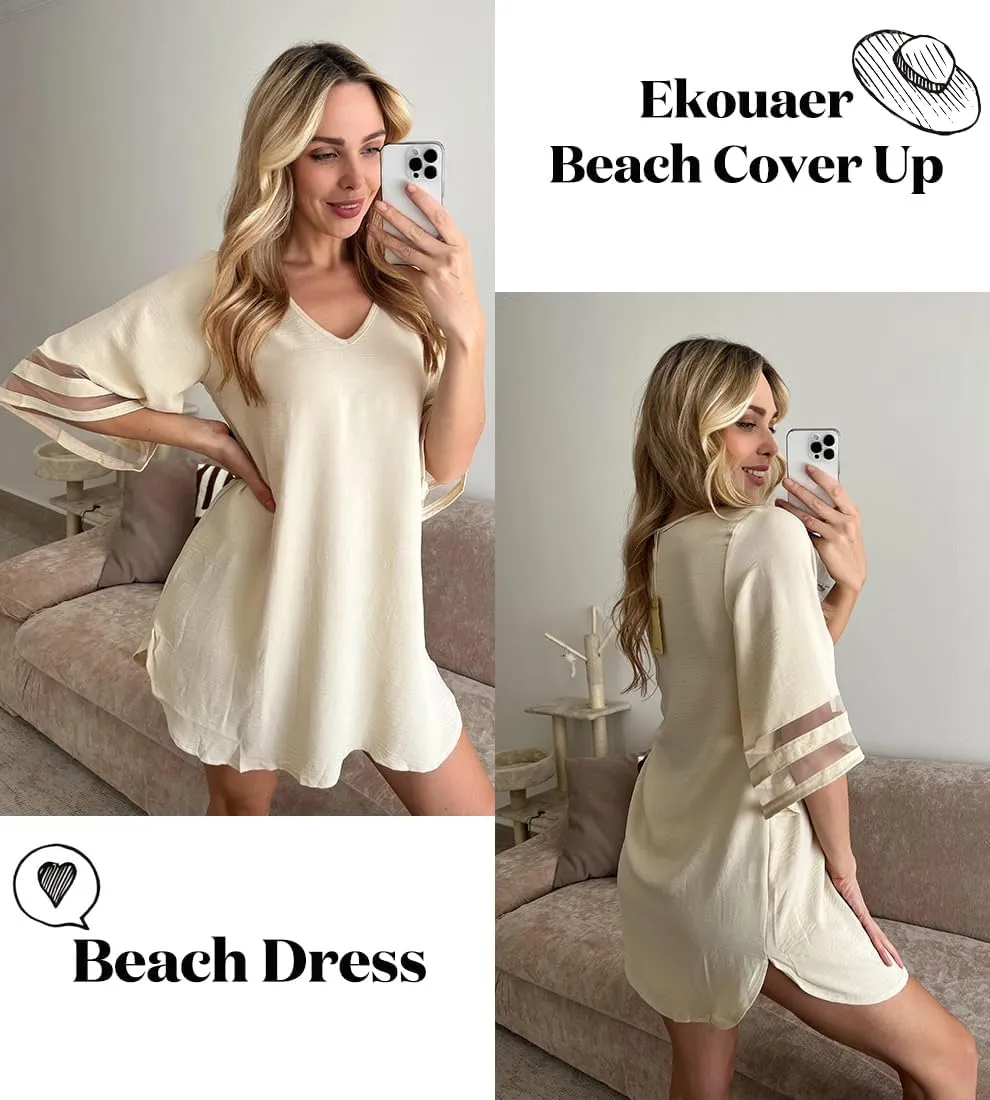 Ekouaer Women's Swimsuit Cover Up 3/4 Bell Sleeve Beachwear Coverups Deep V-Neck Bikini Beach Dress S-3XL