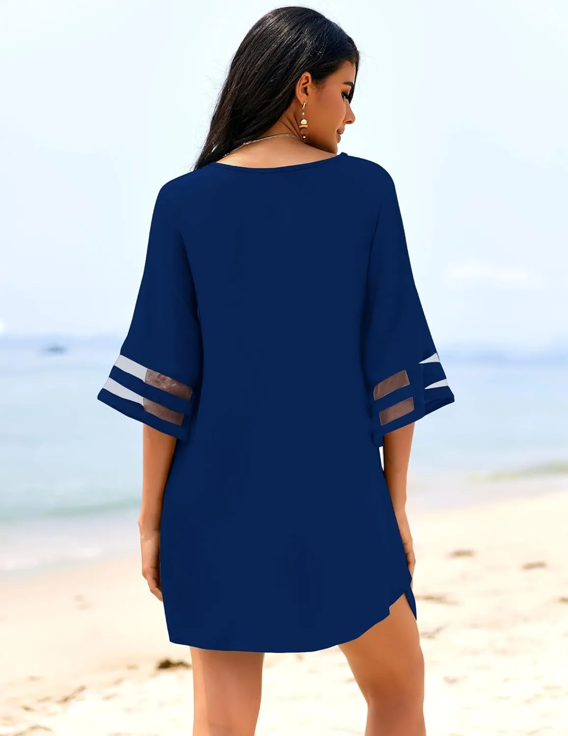 Ekouaer Women's Swimsuit Cover Up 3/4 Bell Sleeve Beachwear Coverups Deep V-Neck Bikini Beach Dress S-3XL