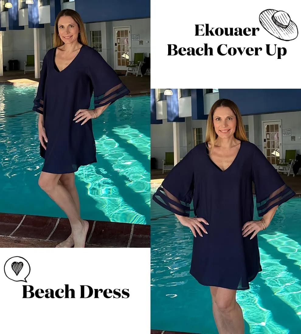 Ekouaer Women's Swimsuit Cover Up 3/4 Bell Sleeve Beachwear Coverups Deep V-Neck Bikini Beach Dress S-3XL