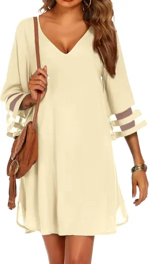 Ekouaer Women's Swimsuit Cover Up 3/4 Bell Sleeve Beachwear Coverups Deep V-Neck Bikini Beach Dress S-3XL