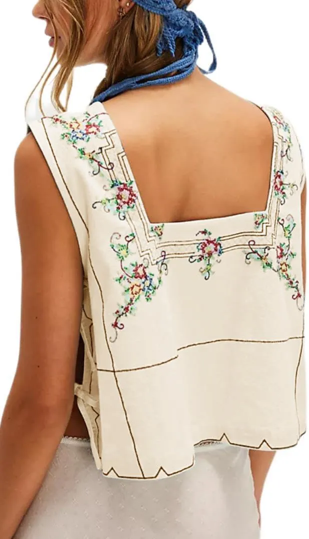Embroidery Flower Tank Tops for Women Y2K Sleeveless Square Neck Tie Up Cropped Vest Summer Chic Going Out Blouse