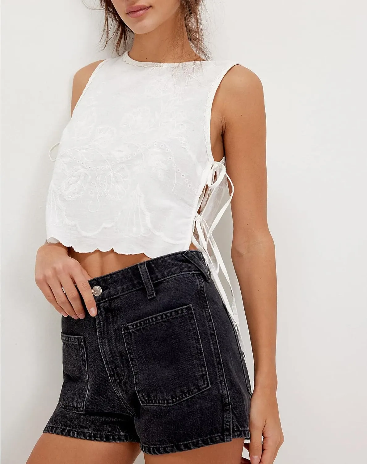 Embroidery Flower Tank Tops for Women Y2K Sleeveless Square Neck Tie Up Cropped Vest Summer Chic Going Out Blouse