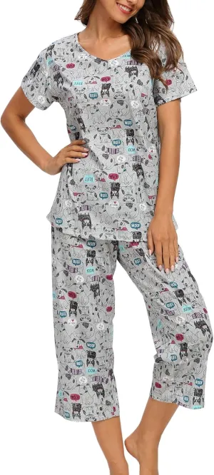 ENJOYNIGHT Womens Pajama Sets Cotton Summer Pjs Tops with Capri Pants Sleepwear