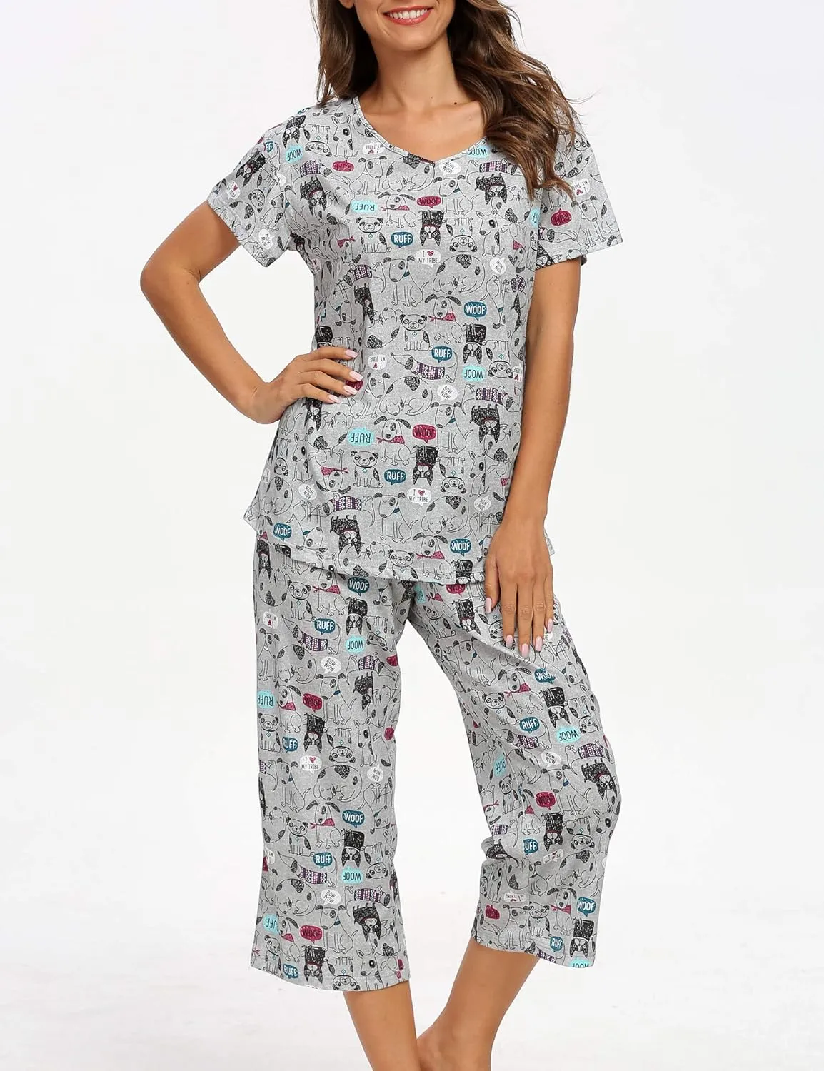 ENJOYNIGHT Womens Pajama Sets Cotton Summer Pjs Tops with Capri Pants Sleepwear