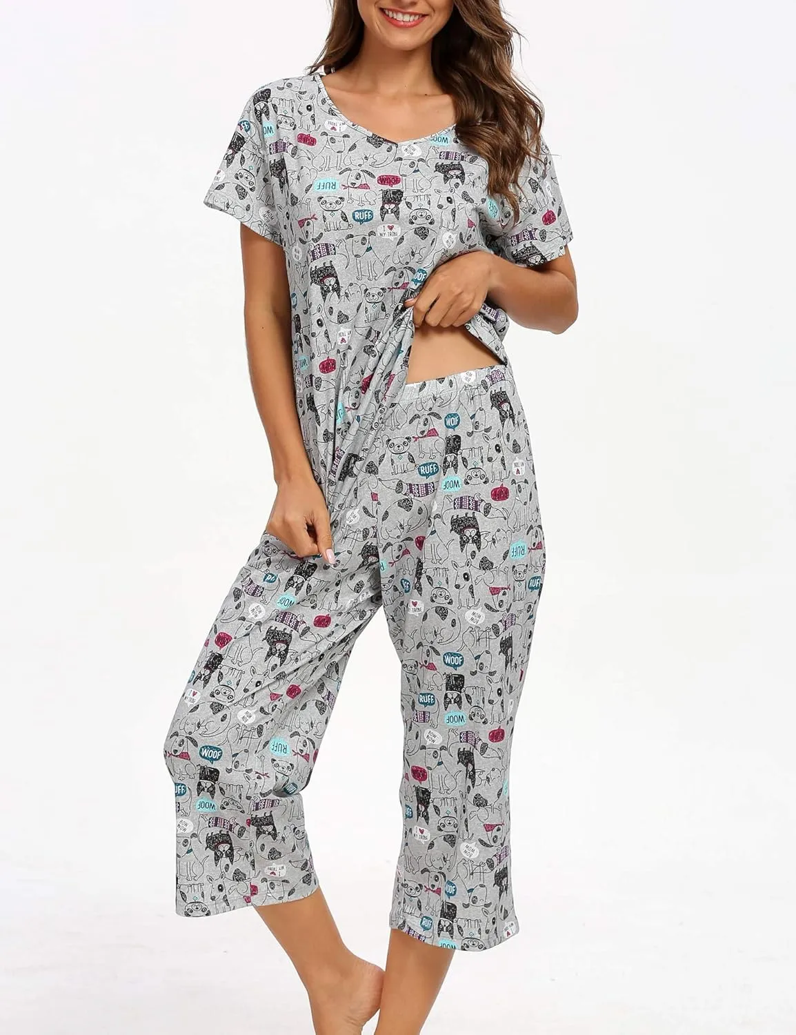 ENJOYNIGHT Womens Pajama Sets Cotton Summer Pjs Tops with Capri Pants Sleepwear