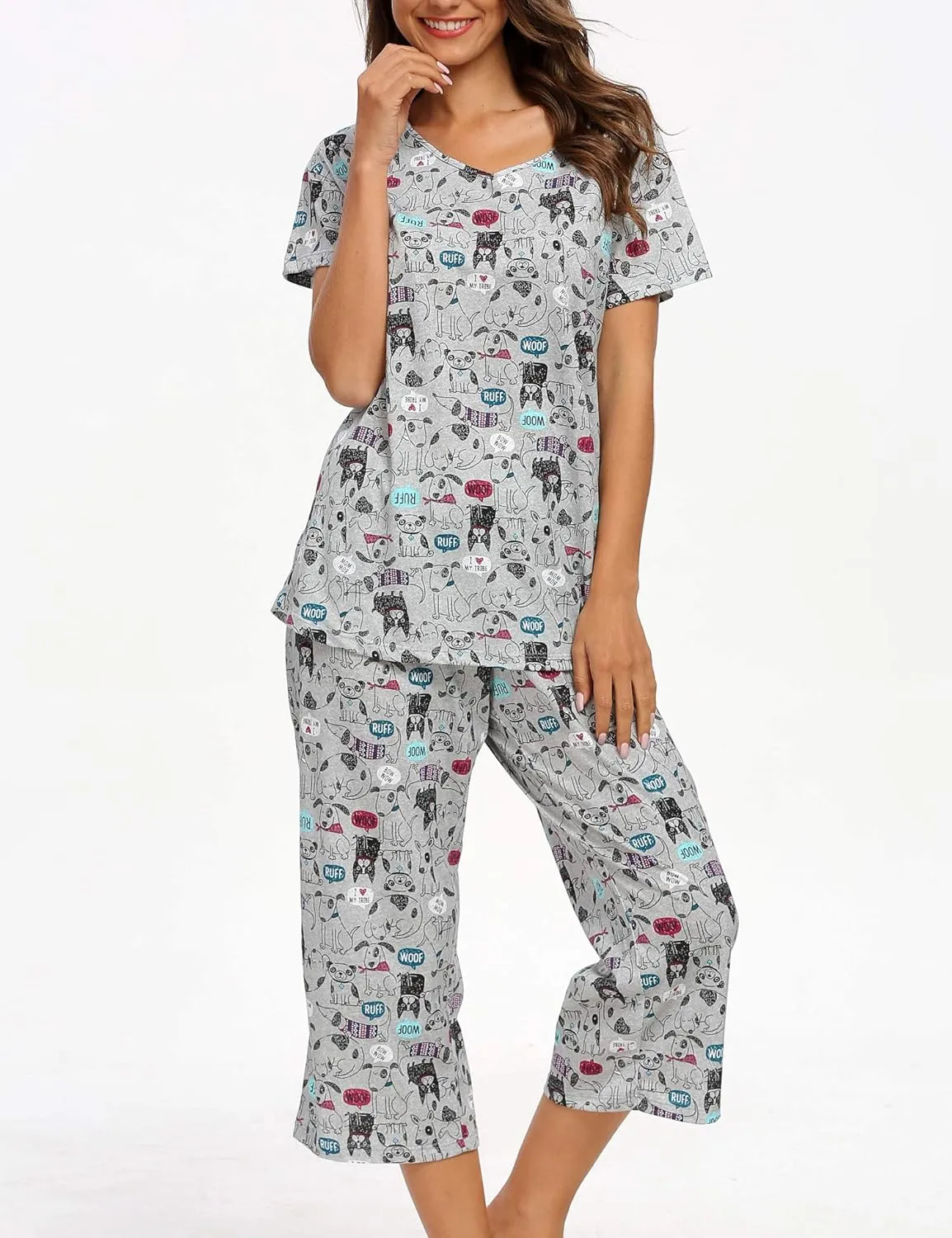 ENJOYNIGHT Womens Pajama Sets Cotton Summer Pjs Tops with Capri Pants Sleepwear