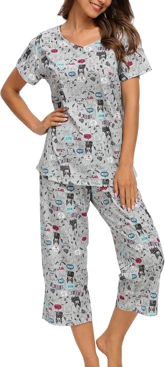ENJOYNIGHT Womens Pajama Sets Cotton Summer Pjs Tops with Capri Pants Sleepwear