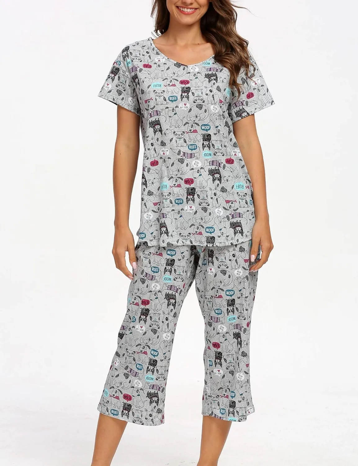 ENJOYNIGHT Womens Pajama Sets Cotton Summer Pjs Tops with Capri Pants Sleepwear