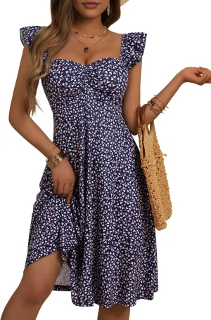 FENSACE Summer Cute Sweetheart Neckline Sundresses Ruffle Sleeve Floral Knee Length Dress