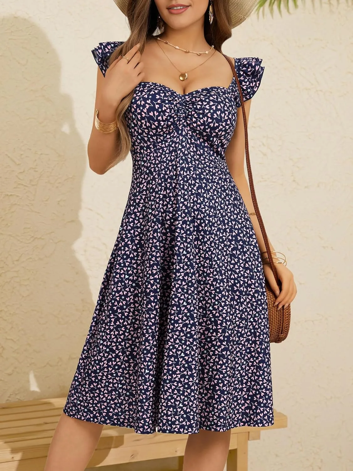 FENSACE Summer Cute Sweetheart Neckline Sundresses Ruffle Sleeve Floral Knee Length Dress