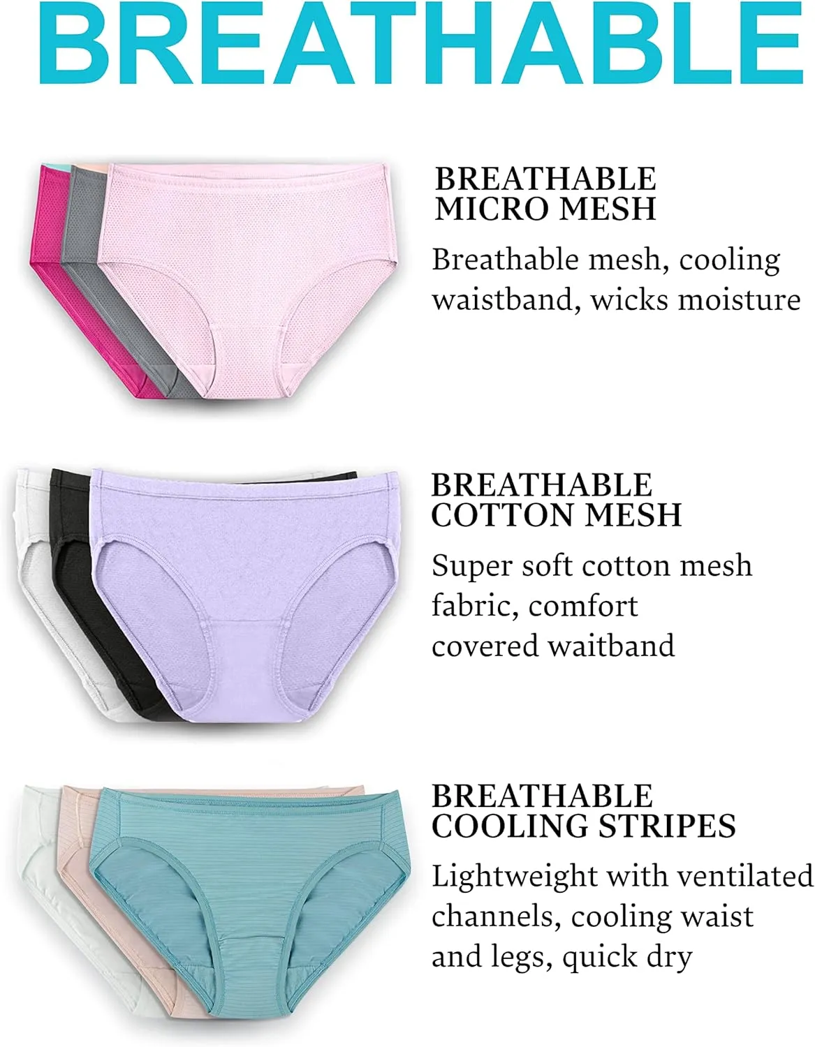 Fruit of the Loom Women's Breathable Underwear, Moisture Wicking Keeps You Cool & Comfortable, Available in Plus Size