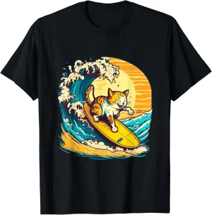Funny Cat Surfing on Ocean Wave Vacation T-Shirt