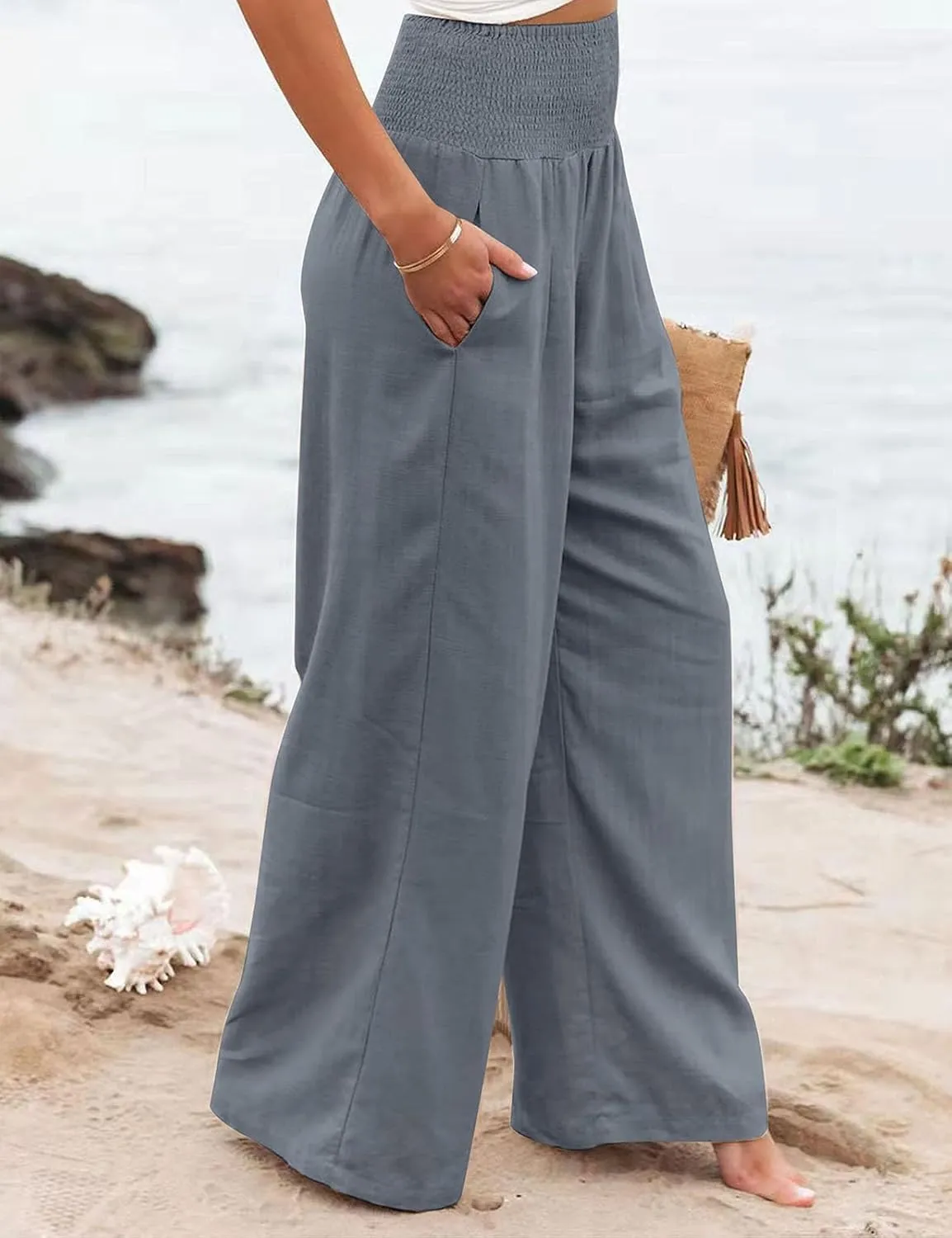 GLIENST Womens Linen Wide Leg Palazzo Pants High Waisted Smocked Lounge Trousers with Pockets S-2XL
