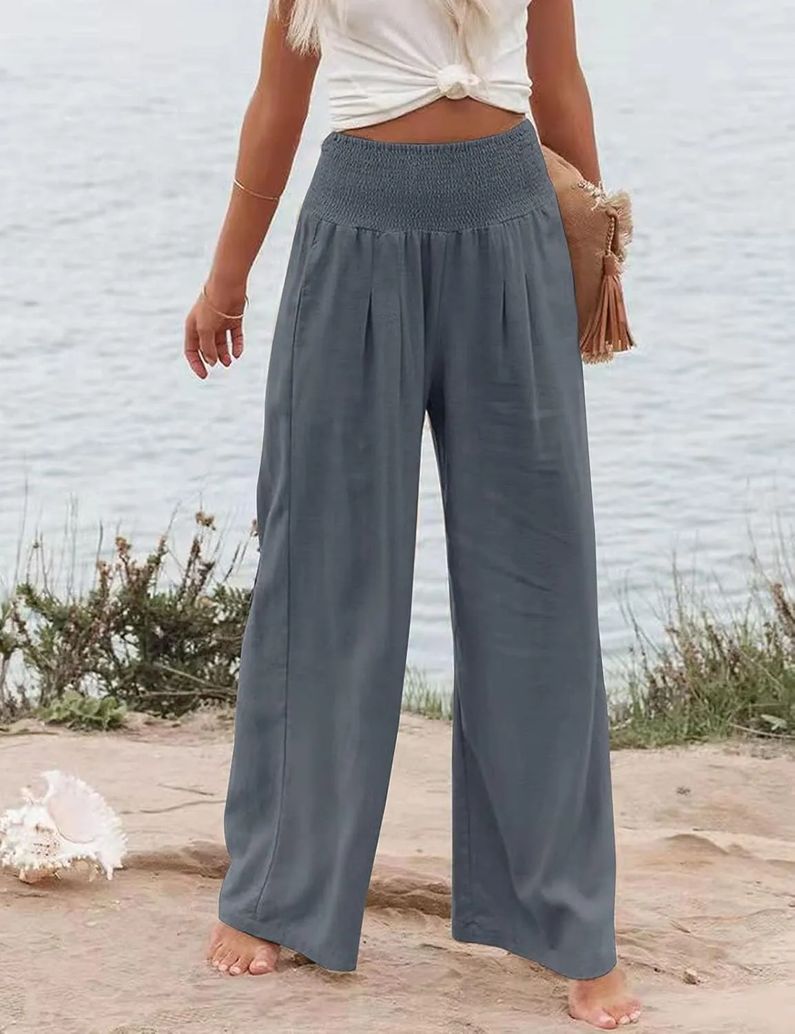 GLIENST Womens Linen Wide Leg Palazzo Pants High Waisted Smocked Lounge Trousers with Pockets S-2XL