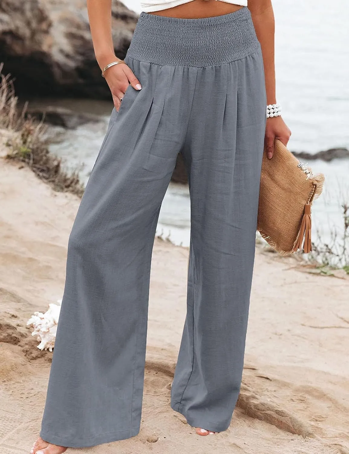 GLIENST Womens Linen Wide Leg Palazzo Pants High Waisted Smocked Lounge Trousers with Pockets S-2XL