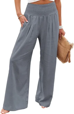 GLIENST Womens Linen Wide Leg Palazzo Pants High Waisted Smocked Lounge Trousers with Pockets S-2XL