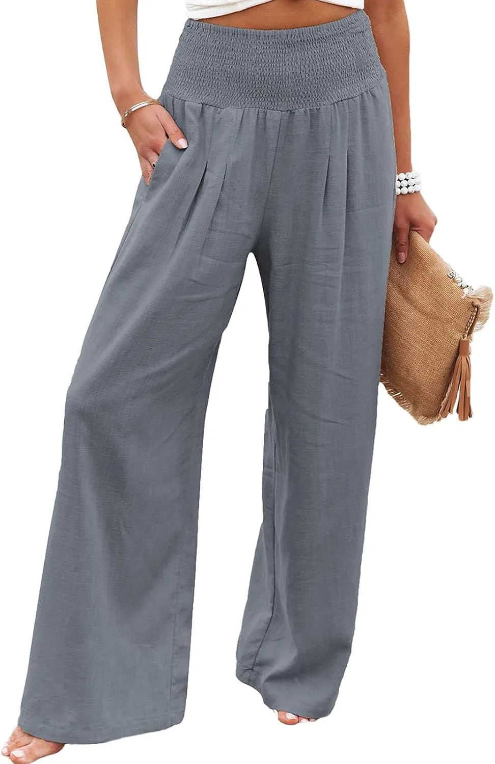 GLIENST Womens Linen Wide Leg Palazzo Pants High Waisted Smocked Lounge Trousers with Pockets S-2XL