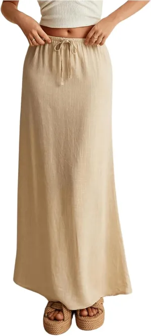 GORGLITTER Women's Bow Tie Front Linen Skirt High Elastic Waisted Bodycon Long Maxi Skirts