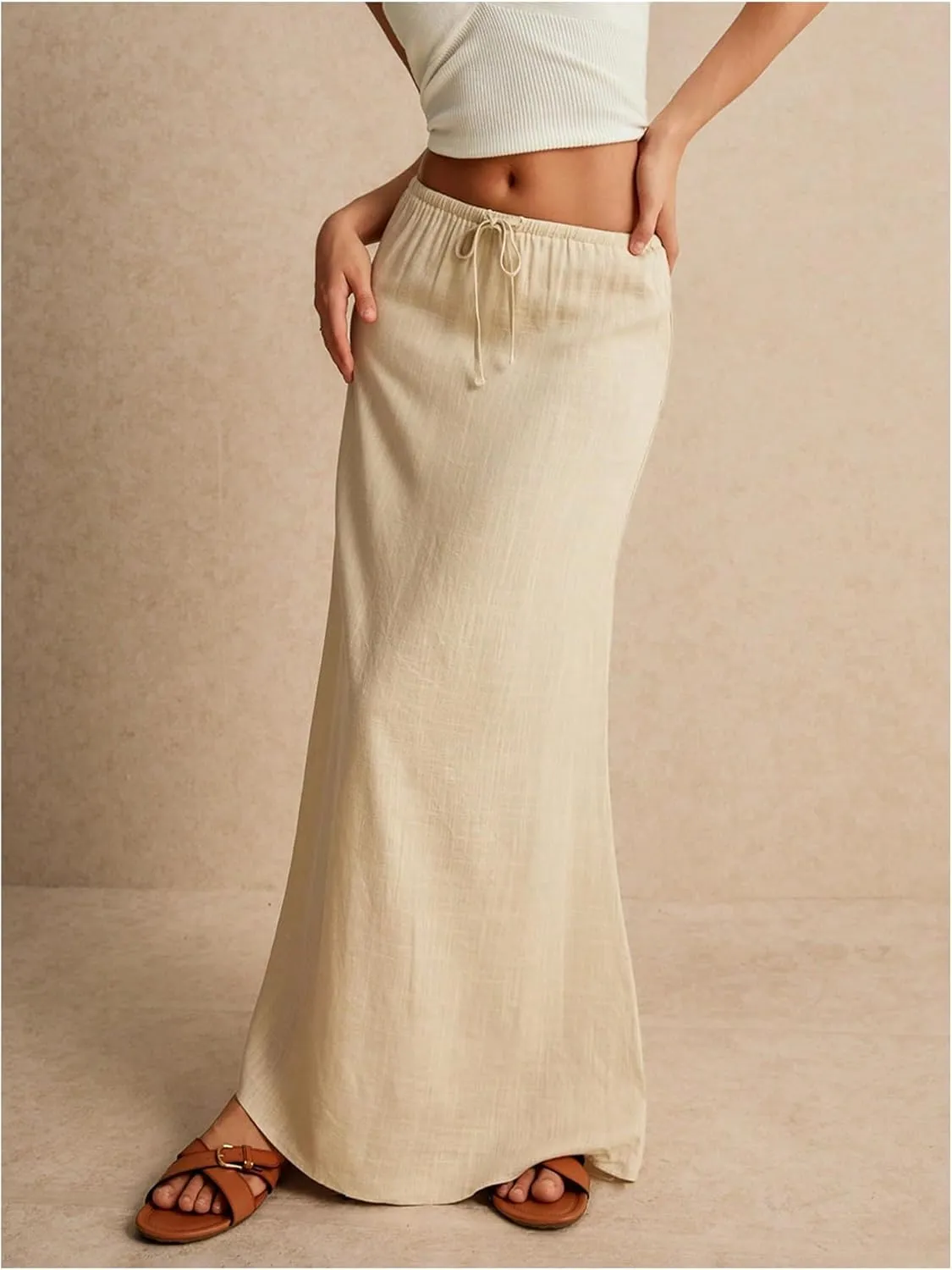 GORGLITTER Women's Bow Tie Front Linen Skirt High Elastic Waisted Bodycon Long Maxi Skirts