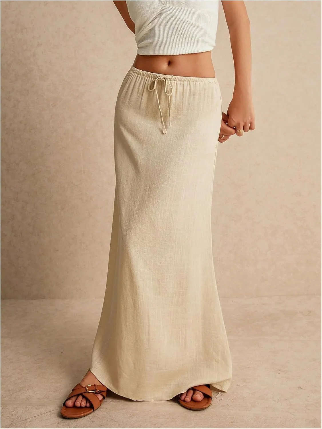 GORGLITTER Women's Bow Tie Front Linen Skirt High Elastic Waisted Bodycon Long Maxi Skirts