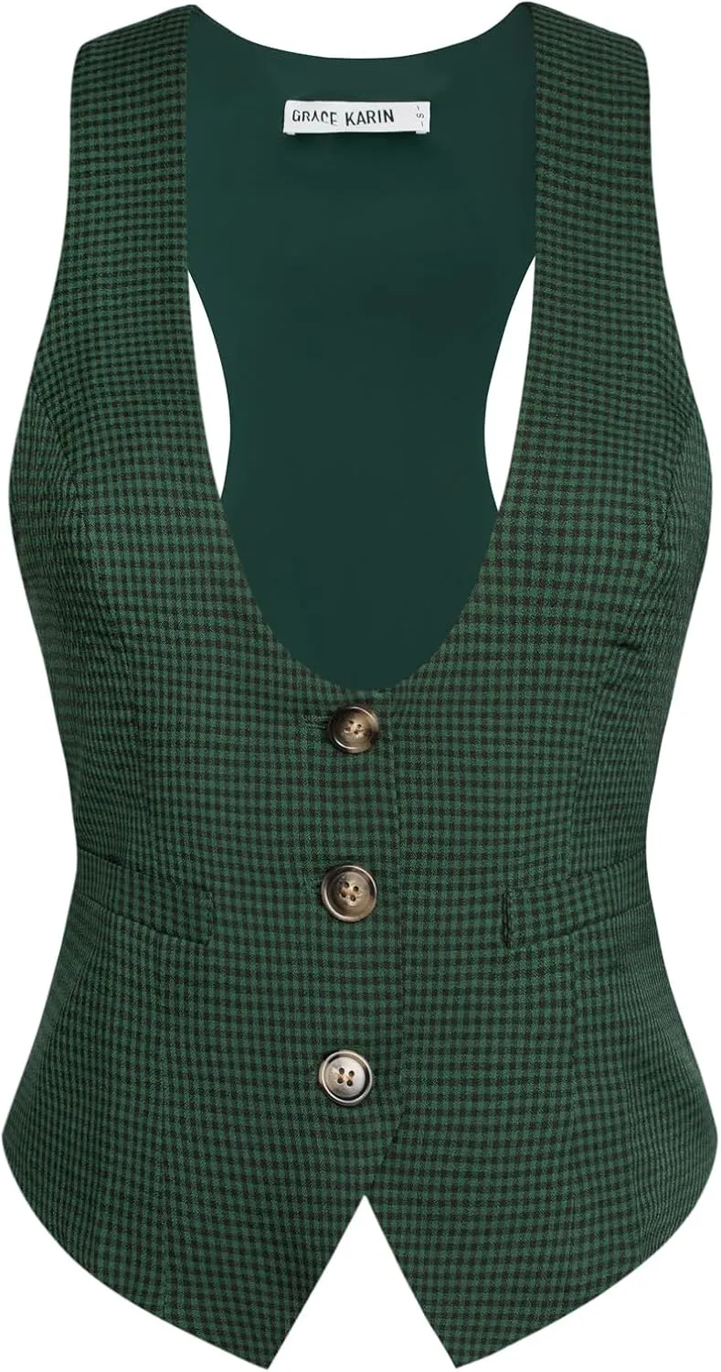 GRACE KARIN Womens Vest Top 2025 Trendy Academia Steampunk Waistcoat Racerback Vest BlazerRuns Small, Suggest Size Up