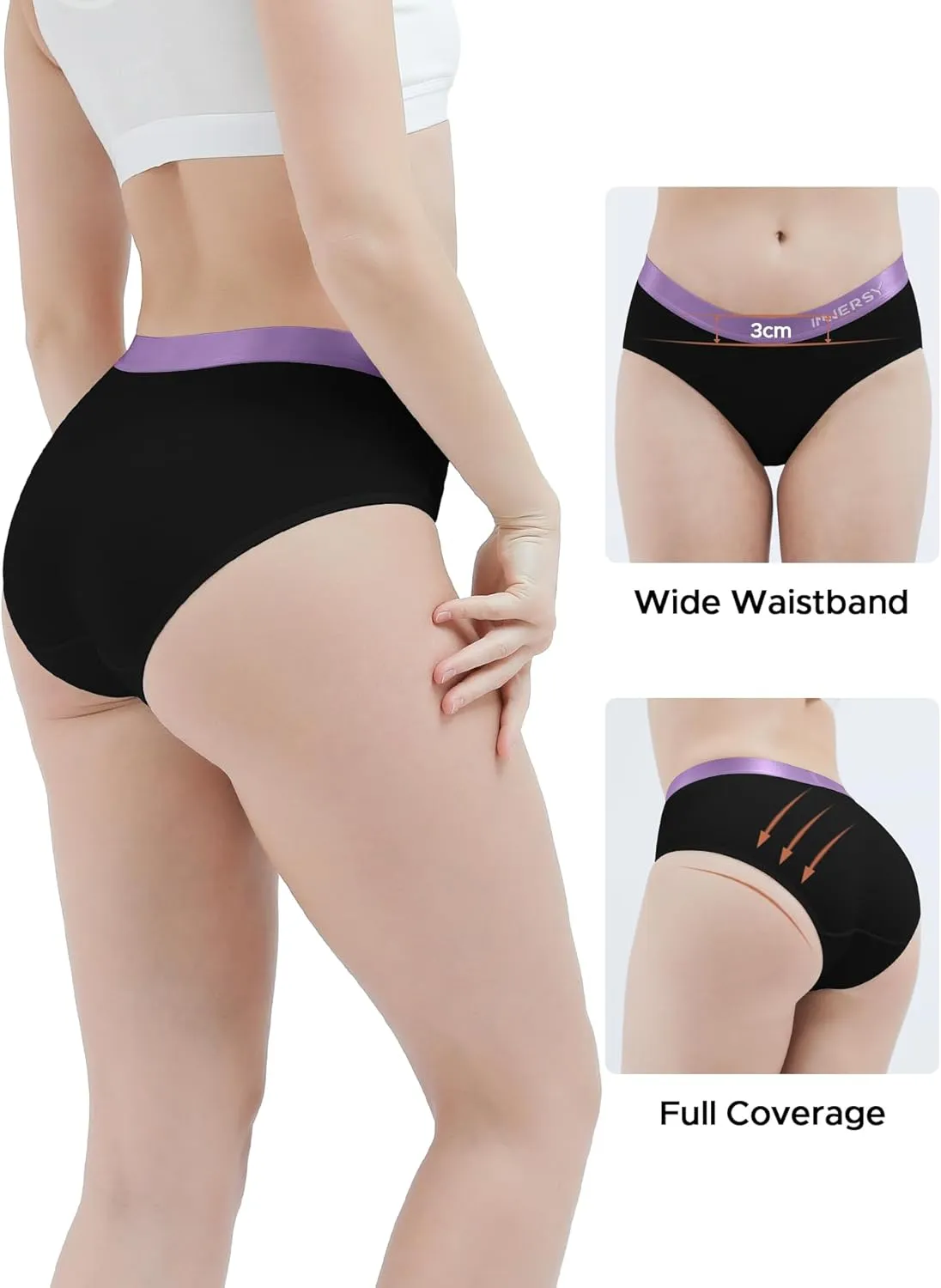 INNERSY Womens Underwear Cotton Hipster Panties Mid Rise Briefs Wide Waistband 6 Pack