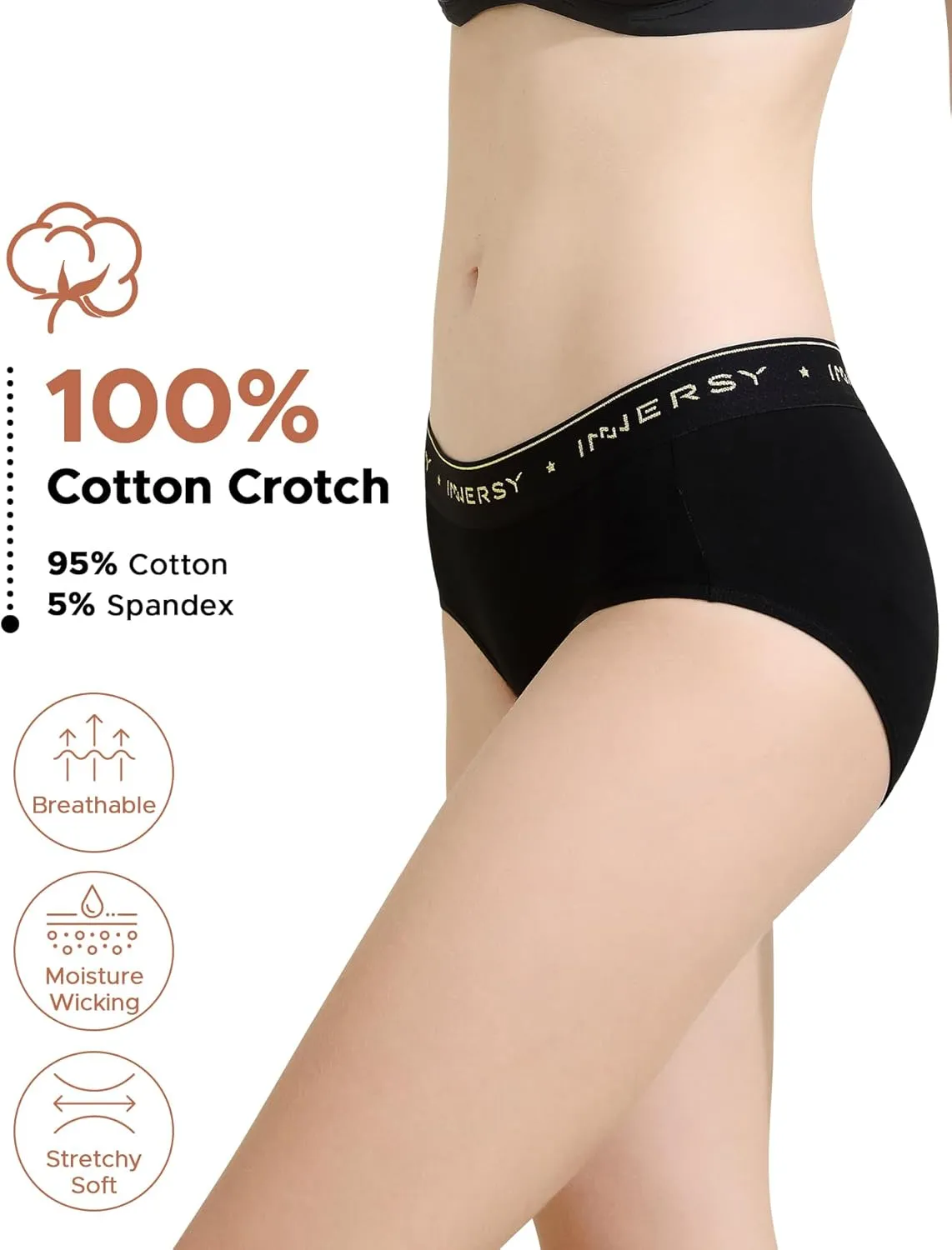 INNERSY Womens Underwear Cotton Hipster Panties Mid Rise Briefs Wide Waistband 6 Pack