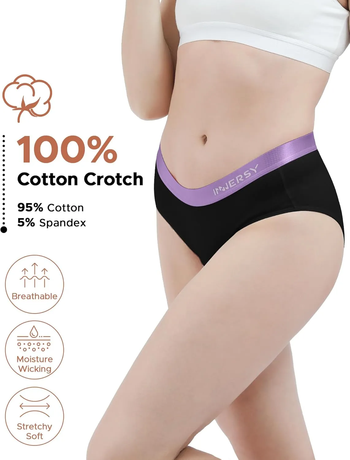 INNERSY Womens Underwear Cotton Hipster Panties Mid Rise Briefs Wide Waistband 6 Pack