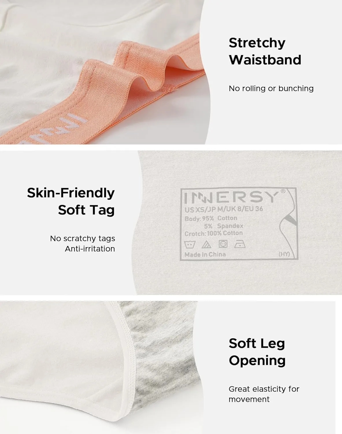 INNERSY Womens Underwear Cotton Hipster Panties Mid Rise Briefs Wide Waistband 6 Pack