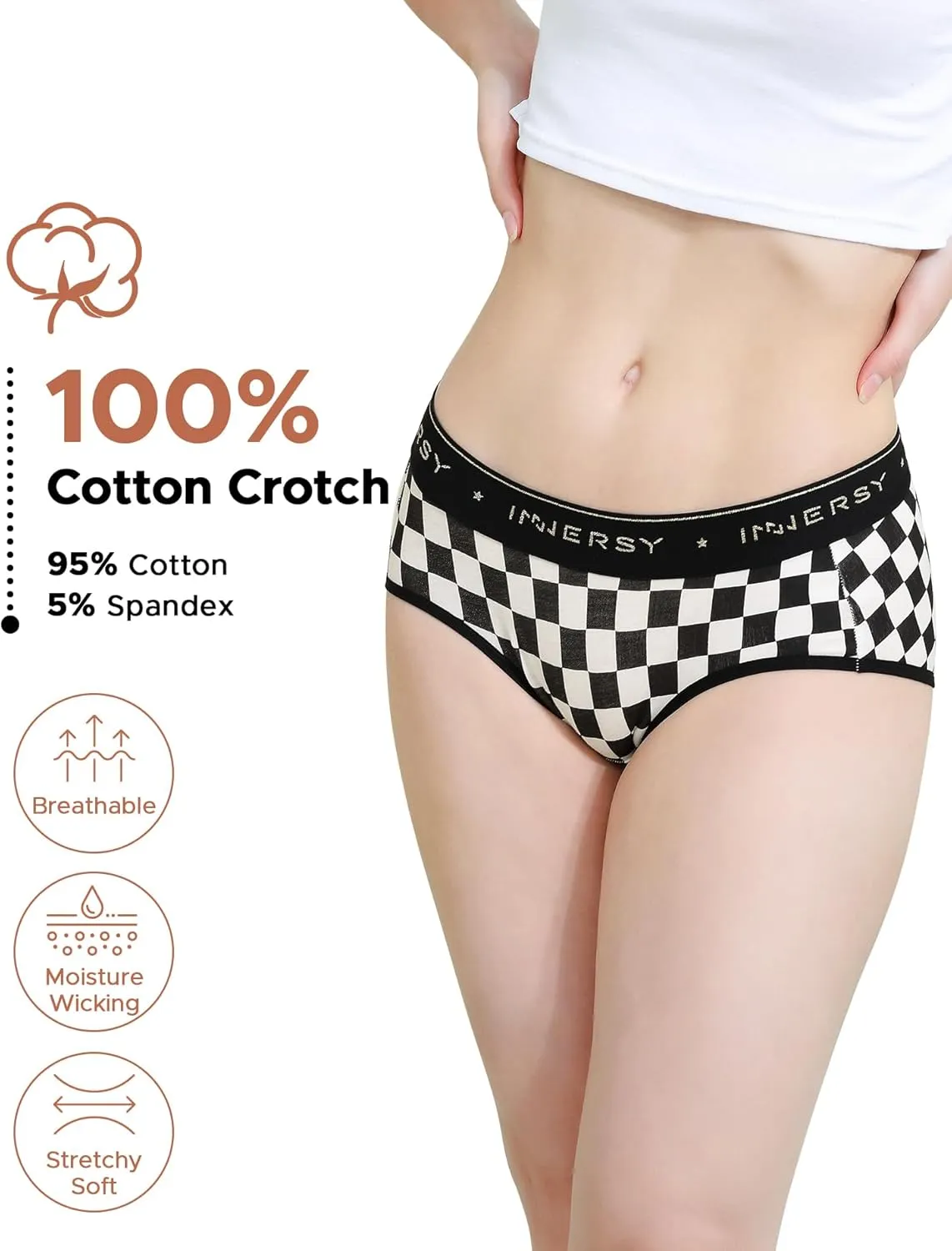 INNERSY Womens Underwear Cotton Hipster Panties Mid Rise Briefs Wide Waistband 6 Pack