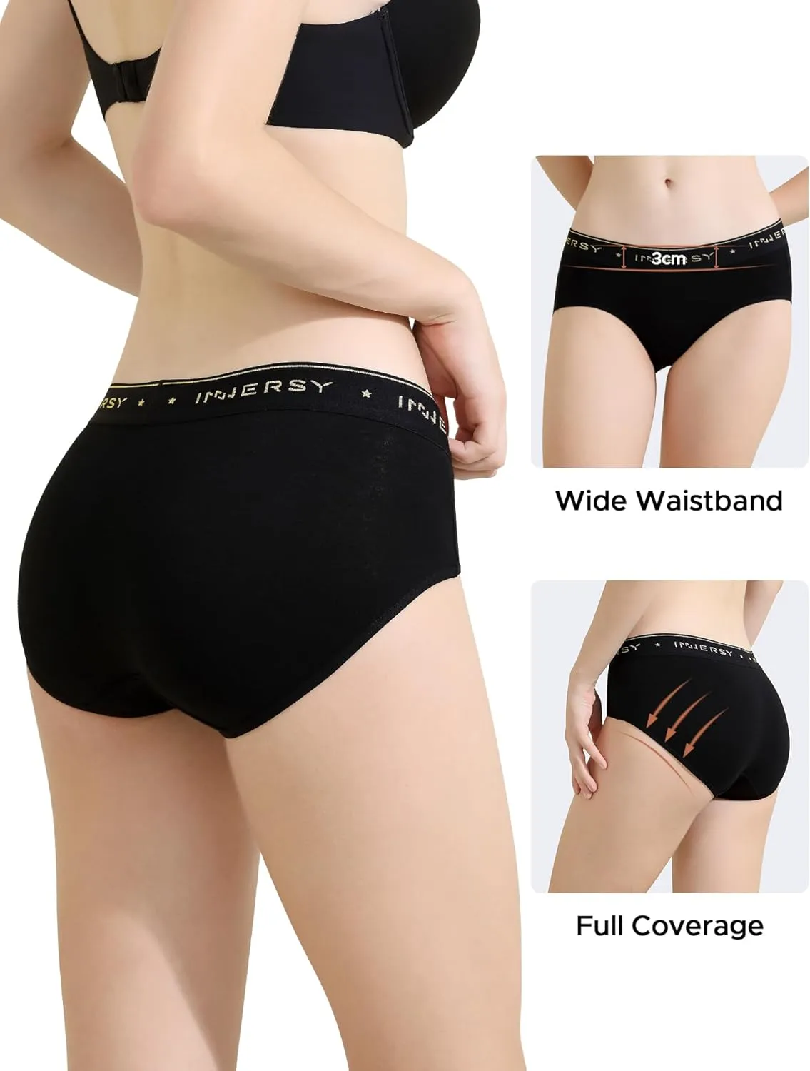 INNERSY Womens Underwear Cotton Hipster Panties Mid Rise Briefs Wide Waistband 6 Pack