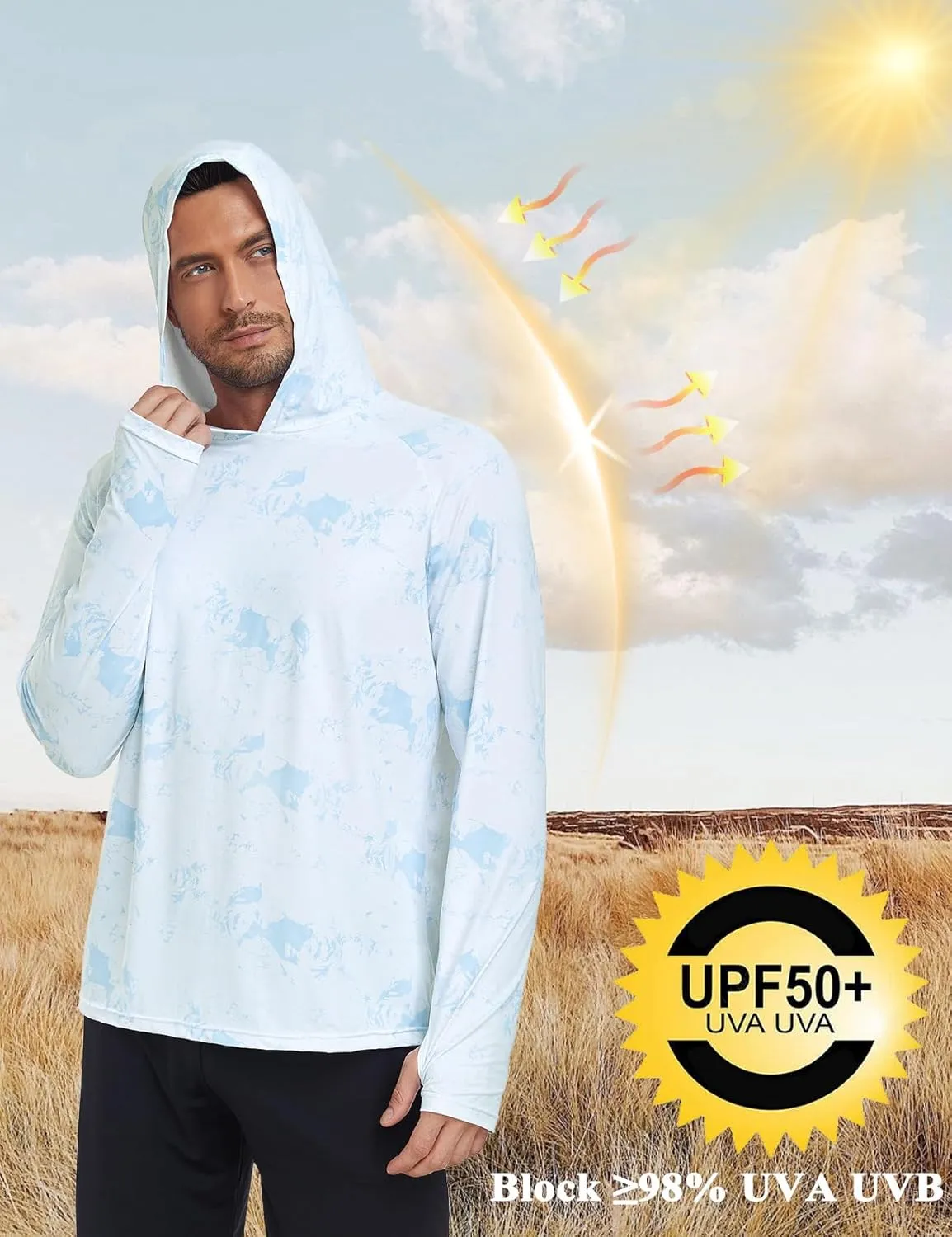 Inno Men's Sun Protection Hoodie UPF 50  Rash Guard Shirt Long Sleeves Quick Dry Outdoor UV SPF Fishing Hiking T-Shirts