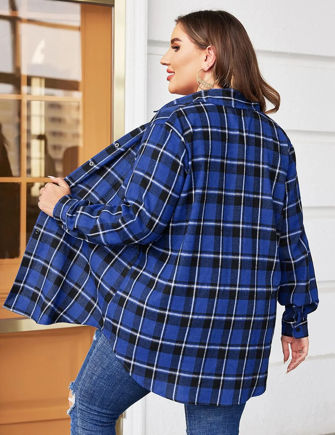 IN'VOLAND Womens Plus Size Flannel Plaid Shirt Roll Up Long Sleeve Mid-Long Button Down Shirts Casual Boyfriend Tops
