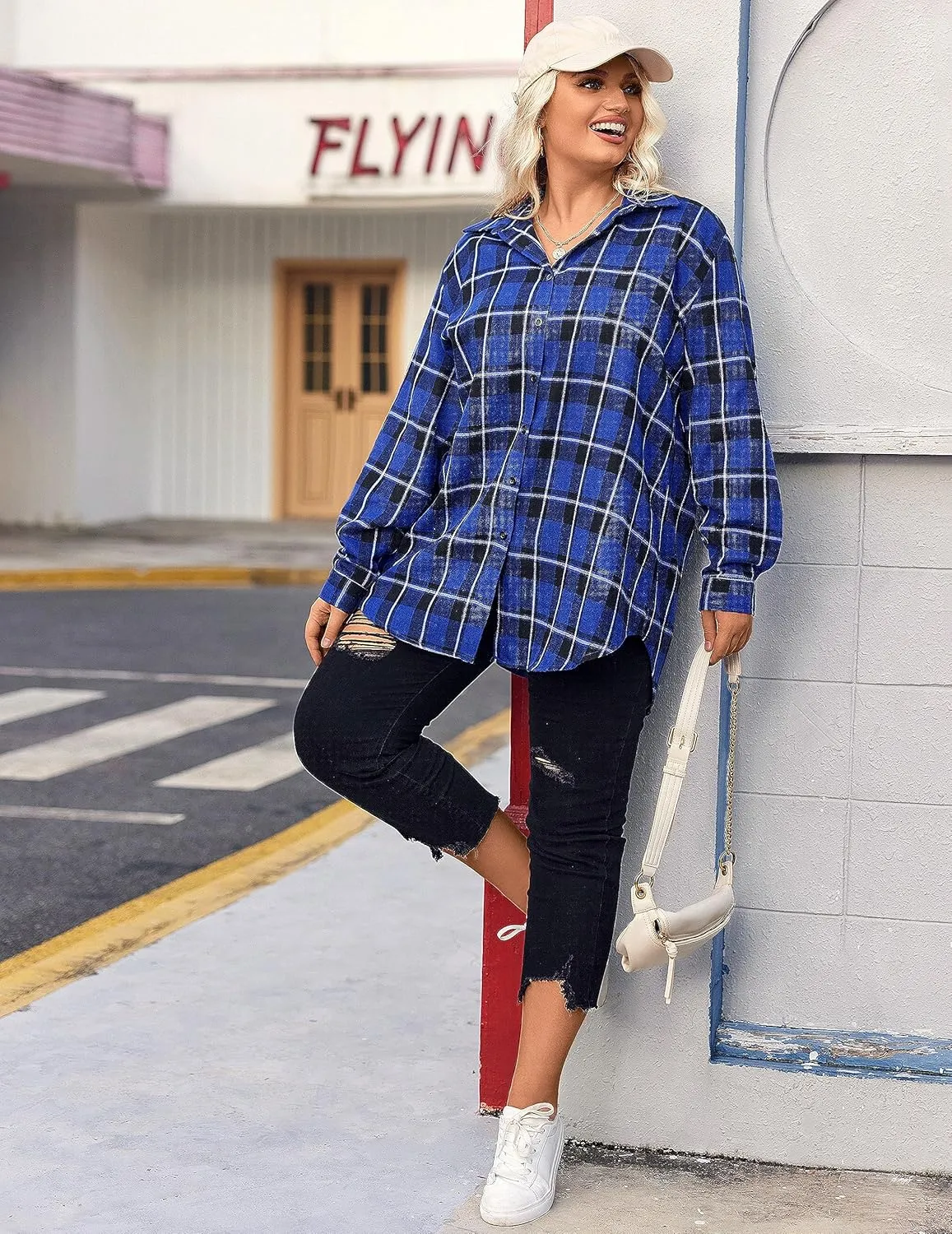 IN'VOLAND Womens Plus Size Flannel Plaid Shirt Roll Up Long Sleeve Mid-Long Button Down Shirts Casual Boyfriend Tops