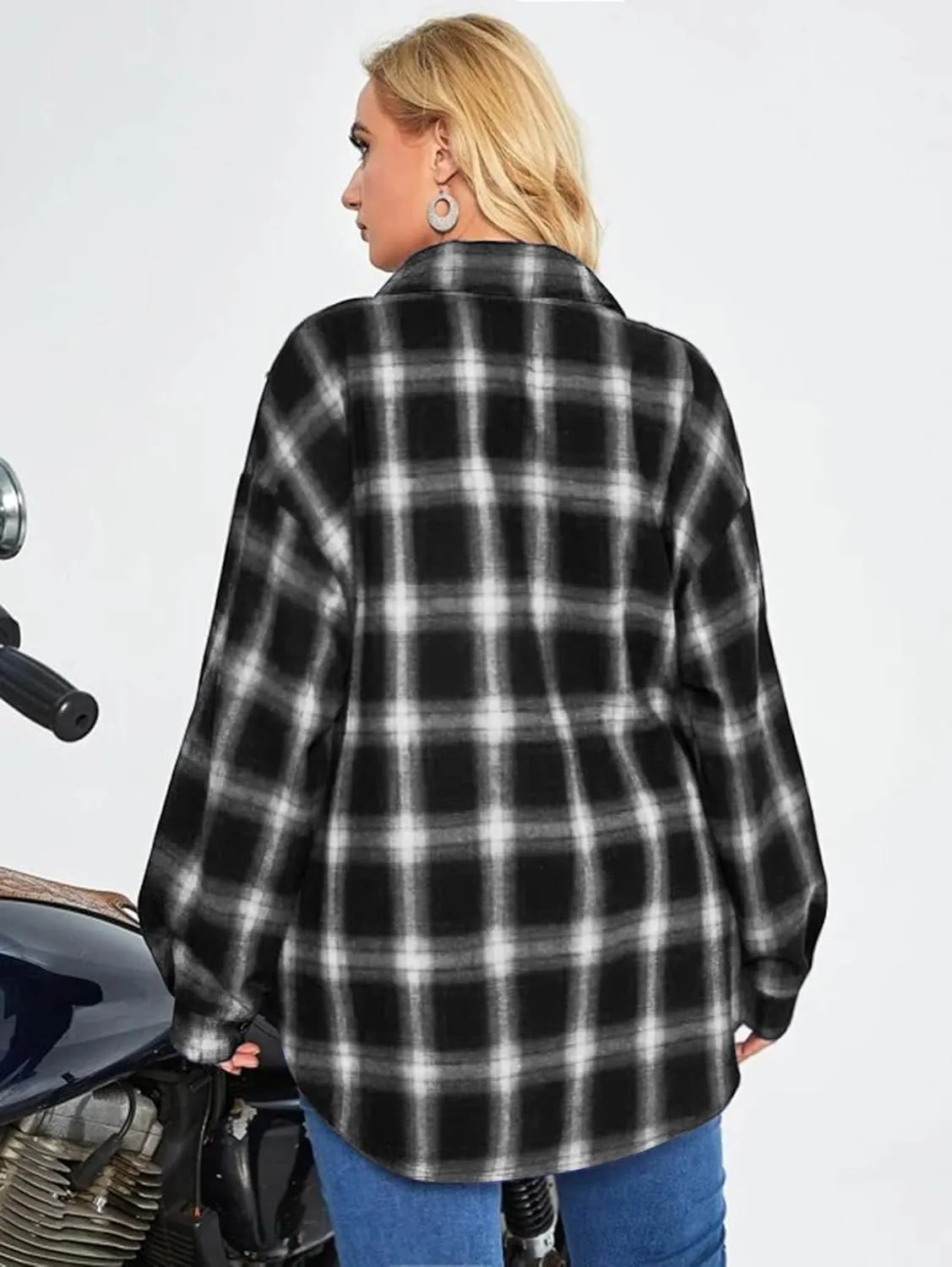 IN'VOLAND Womens Plus Size Flannel Plaid Shirt Roll Up Long Sleeve Mid-Long Button Down Shirts Casual Boyfriend Tops