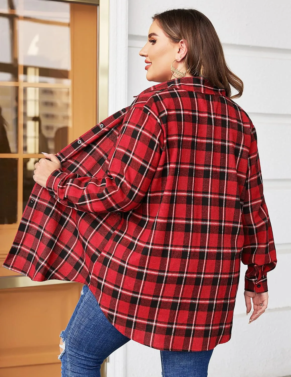 IN'VOLAND Womens Plus Size Flannel Plaid Shirt Roll Up Long Sleeve Mid-Long Button Down Shirts Casual Boyfriend Tops