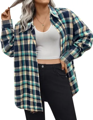 IN'VOLAND Womens Plus Size Flannel Plaid Shirt Roll Up Long Sleeve Mid-Long Button Down Shirts Casual Boyfriend Tops