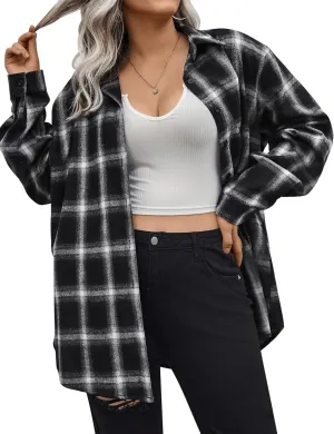 IN'VOLAND Womens Plus Size Flannel Plaid Shirt Roll Up Long Sleeve Mid-Long Button Down Shirts Casual Boyfriend Tops