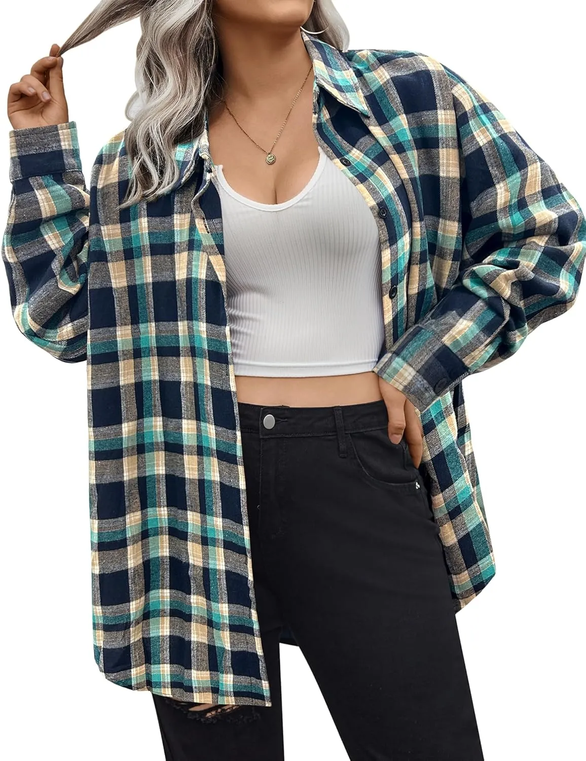IN'VOLAND Womens Plus Size Flannel Plaid Shirt Roll Up Long Sleeve Mid-Long Button Down Shirts Casual Boyfriend Tops