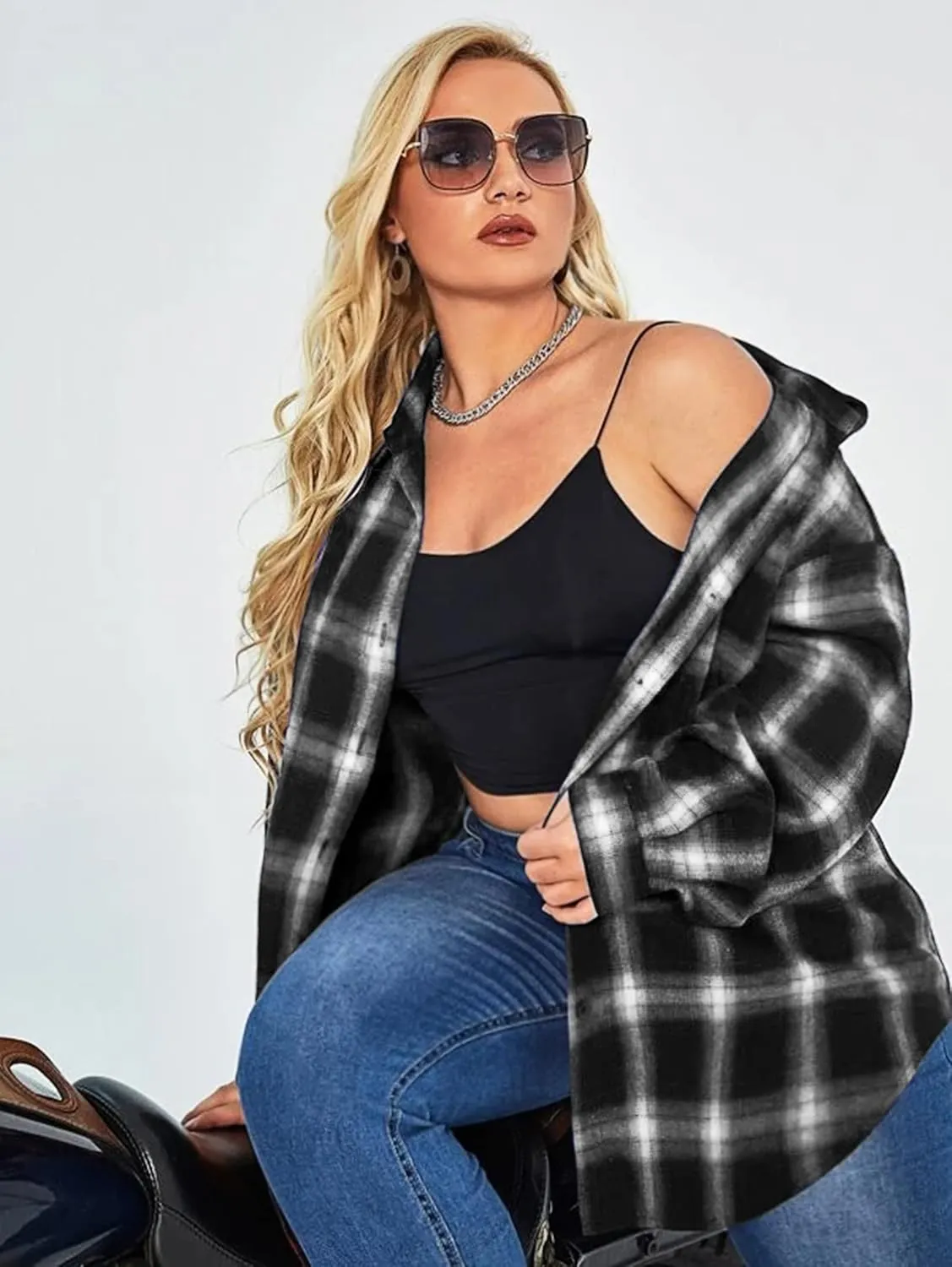 IN'VOLAND Womens Plus Size Flannel Plaid Shirt Roll Up Long Sleeve Mid-Long Button Down Shirts Casual Boyfriend Tops
