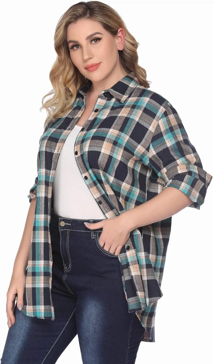 IN'VOLAND Womens Plus Size Flannel Plaid Shirt Roll Up Long Sleeve Mid-Long Button Down Shirts Casual Boyfriend Tops
