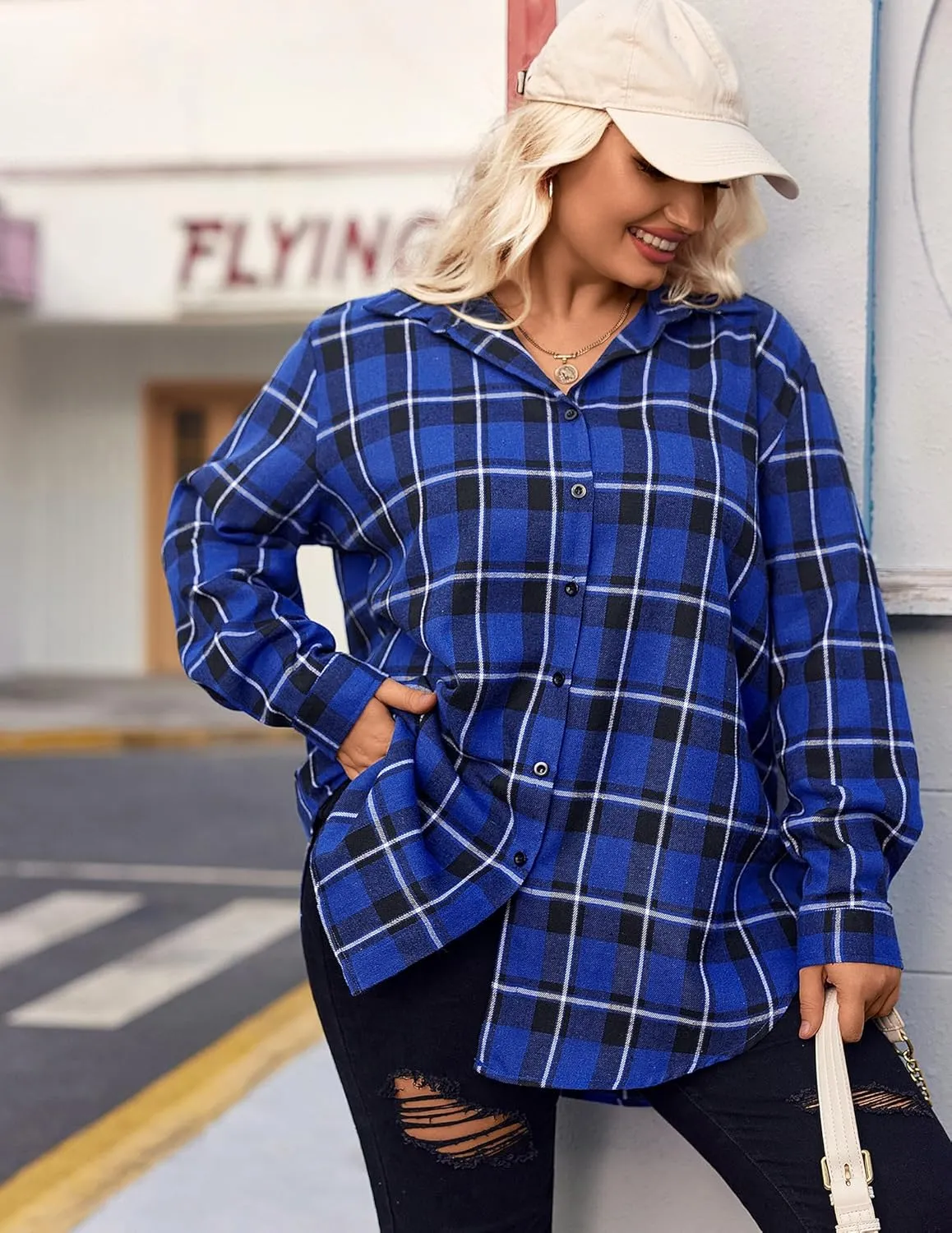 IN'VOLAND Womens Plus Size Flannel Plaid Shirt Roll Up Long Sleeve Mid-Long Button Down Shirts Casual Boyfriend Tops