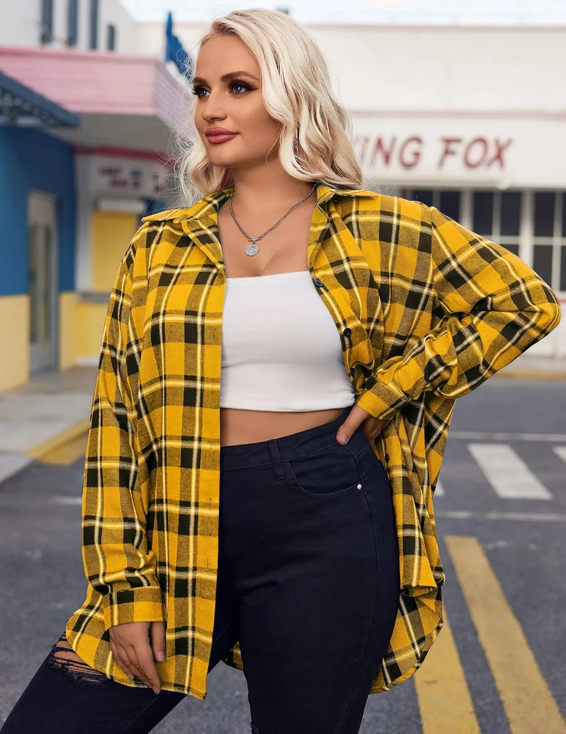 IN'VOLAND Womens Plus Size Flannel Plaid Shirt Roll Up Long Sleeve Mid-Long Button Down Shirts Casual Boyfriend Tops